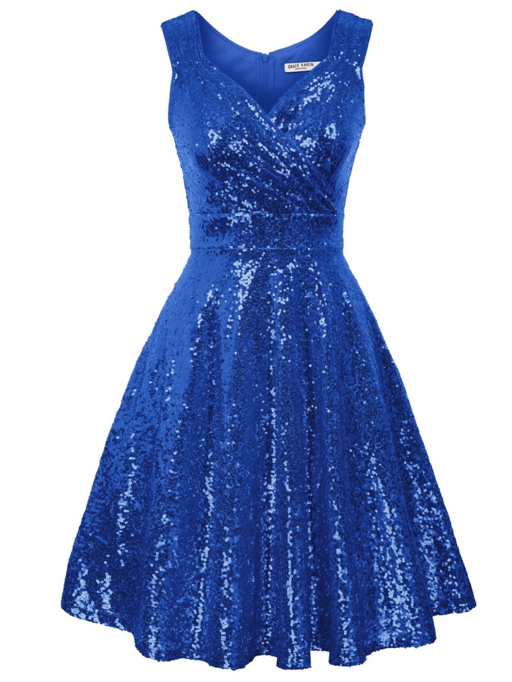 Grace Karin Cobalt Blue Sequin V-Neck Midi Dress